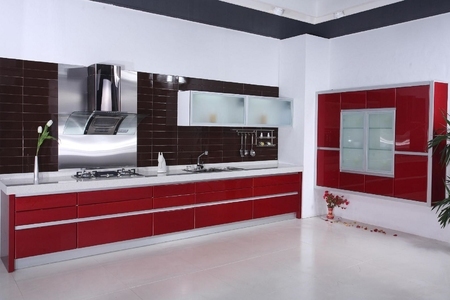 Красная кухня из эмали в стиле Хай Тек  купить по лучшим ценам