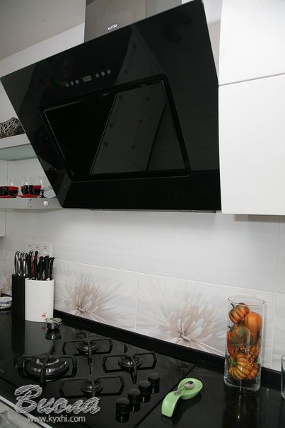 Современная кухня с крашеными глянцевыми фасадами МДФ сбоку