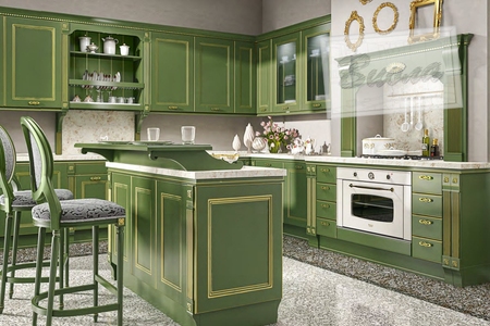 Классическая угловая кухня с золотой патиной зеленого цвета купить по лучшим ценам