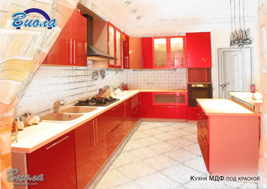 мебель для кухни из МДФ в красном цвете