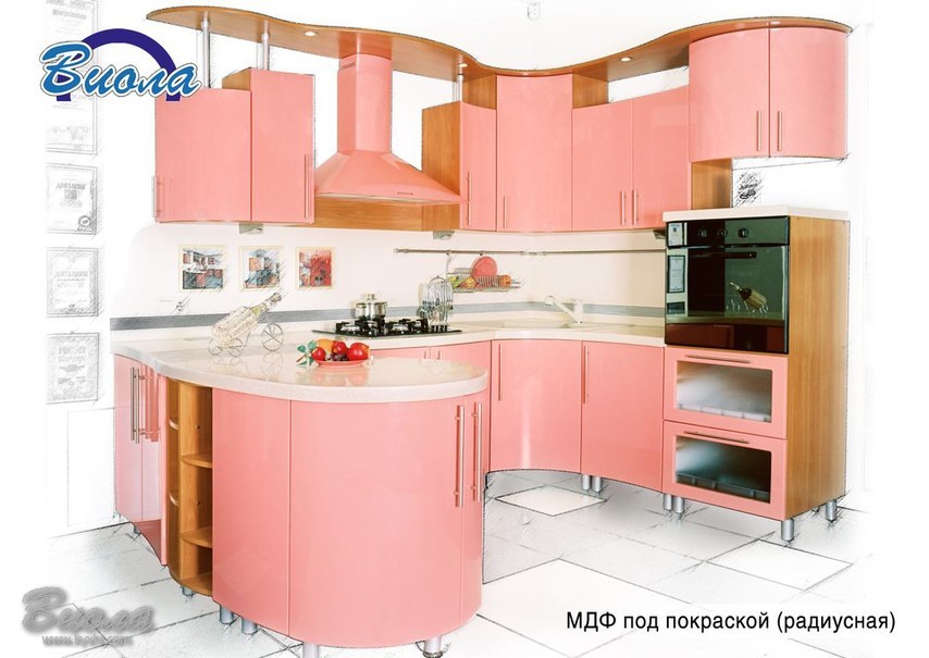 розовая радиусная кухня из МДФ