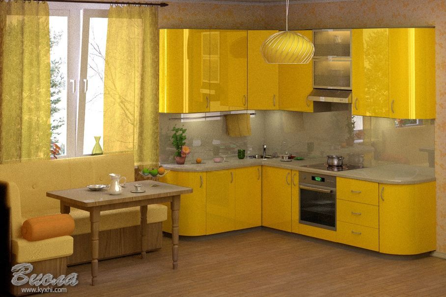 Кухня с глянцевыми фасадами в желтом цвете